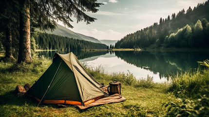 A camping tent in a nature hiking spot, Relaxing in mountain, next to lake river.