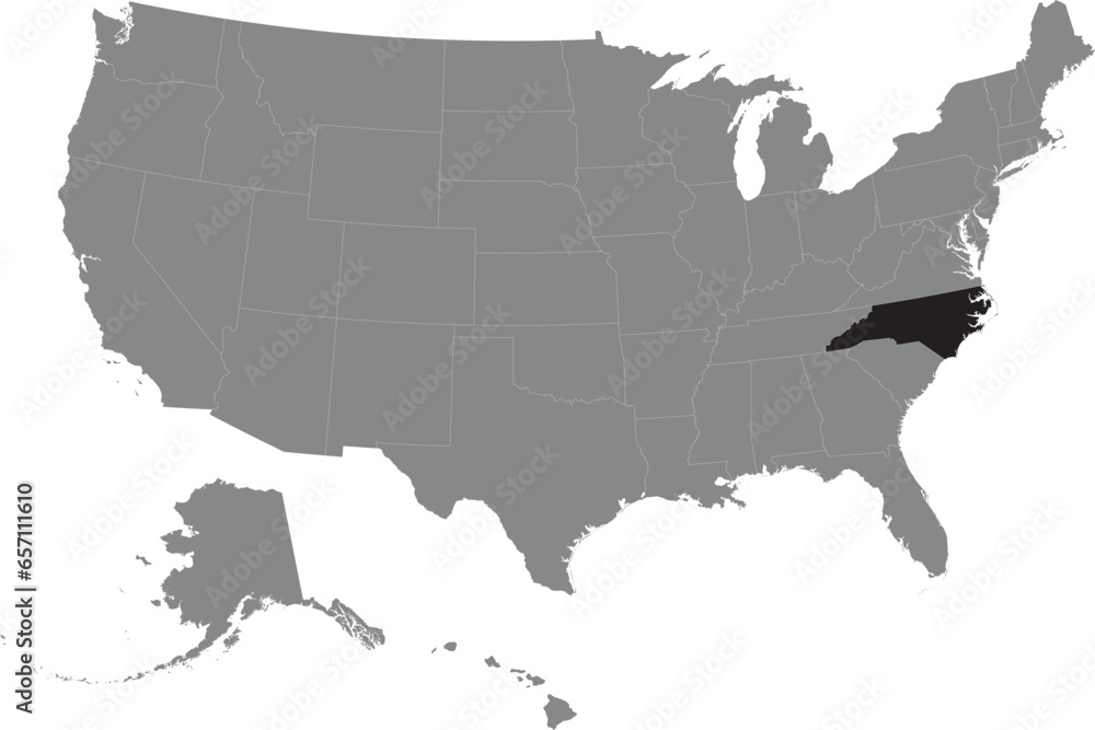 Black CMYK federal map of NORTH CAROLINA inside detailed gray blank ...