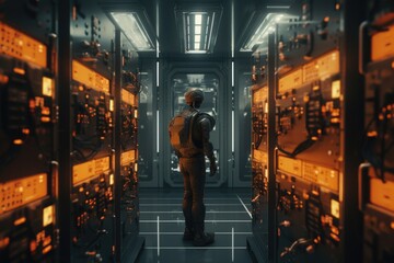 Wall Mural - A man stands in the middle of a room filled with various electronic equipment. This image can be used to represent technology, innovation, or a workspace environment.