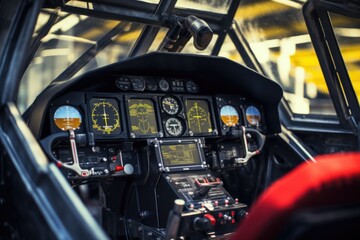 Wall Mural - a detailed view of the cockpit of a small plane with a multitude of instruments. this image can be u