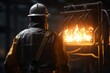A man wearing a hard hat carefully examines a fire. This image can be used to illustrate safety precautions, firefighting, or industrial inspections.
