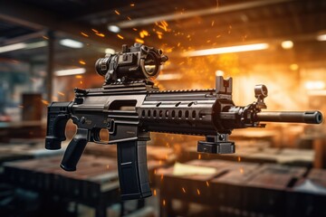 A powerful machine gun equipped with a red dot sight, ideal for precise targeting. This image can be used to illustrate military equipment or action-packed scenes.