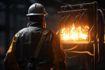 Wall Mural - A man wearing a hard hat carefully examines a fire. This image can be used to illustrate safety precautions, firefighting, or industrial inspections.