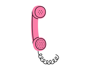 hand drawn cute cartoon illustration of pink retro phone handset. flat vector old telephone with dia