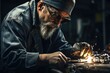 A man is seen diligently working on a piece of metal. This image can be used to showcase craftsmanship and skilled labor.