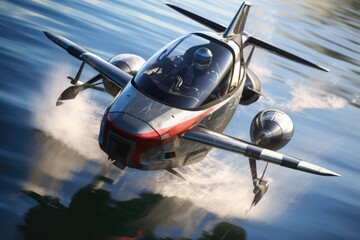Wall Mural - a small propeller plane flying over a calm body of water. this image can be used to depict travel, a