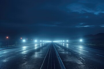 A dark and mysterious image of a long empty road at night with lights illuminating the way. Perfect for conveying a sense of solitude and adventure. Ideal for travel blogs, road trip articles, and ins