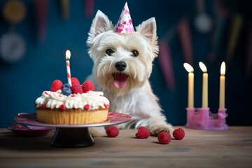 Sticker - happy westie in a birthday paper hat eating from birthday cake ..