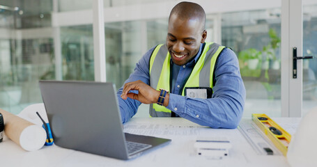 Wall Mural - Laptop, watch and a black man construction worker in an office for planning a building project. Computer, time and a happy young engineer in the workplace for research as a maintenance contractor