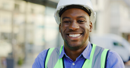 Poster - Happy man, engineering portrait and construction site, project management or outdoor, city building. Face of african person, builder or architecture worker in urban development or property renovation