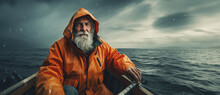 Old Man Sailor Sailing On His Boat In A Storm Steering The Wheel.
