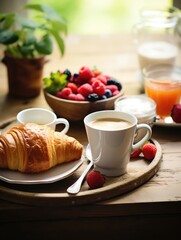 Wall Mural - continental breakfast, croissant with coffee and juice, ai generated