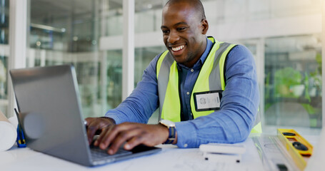 Wall Mural - Laptop, design and a black man construction worker in an office for planning a building project. Computer, smile and a happy young engineer in the workplace for research as a maintenance contractor