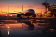 Passanger Airplane Poised for Refueling, Waiting on the Tarmac at an Airport at Sunset