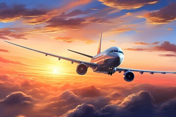 Wall Mural - Beautiful sunset, sky on the top view city, airplane flying view from inside window aircraft of Traveling.