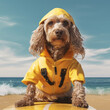 a cute little surfer dog wearing a yellow outfit on the beach, Generative AI