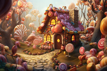 Candy Land. House Made Out Of Chocolate And Candy. Sweet And Magical World With Candy And Sweets