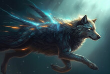 Digital Illustration Of A Wolf With Lightning In The Background. 3D Rendering