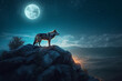 Wolf standing on a rock and looking at the moon. 3d rendering