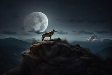 Wolf Standing On A Rock And Looking At The Moon. 3d Rendering