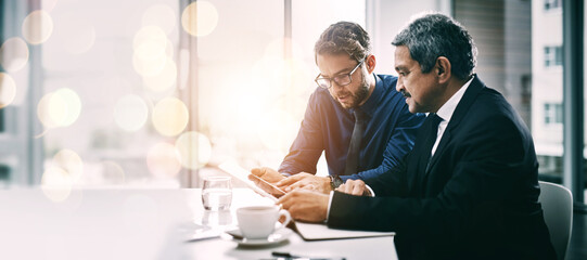 Aufkleber - Collaboration, tablet and business people on double exposure space for planning or strategy together. Teamwork, technology for research with a manager and employee in the office boardroom on mockup