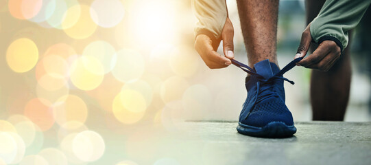 Wall Mural - Fitness, hands and tie shoes on stairs for workout or exercise outdoor in the morning with bokeh and mockup. Training, athlete and runner getting ready for cardio, sports or challenge for wellness