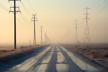 Aufkleber - A strip of power poles along a highway.