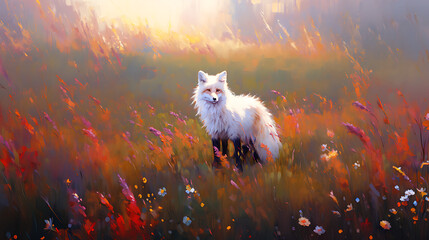 Wall Mural - Range white fox, neon oil painting image, thick brushstrokes. Generative AI	