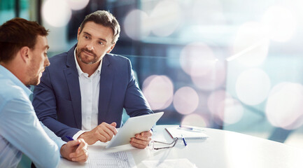 Poster - Business people, men and teamwork with tablet, typing and connection with cooperation, website information and banner. People, employees or consultant with technology, teamwork and email notification