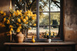 Interior window of country house in autumn, plants and flowers in autumn colors, sunset light, melancholy and romantic scene, autumn theme