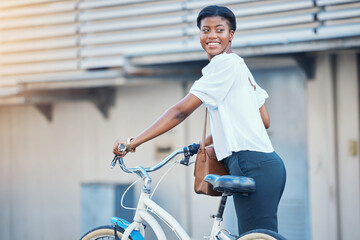 Poster - Black woman, bicycle commute and business on road in city with sustainability travel, ride and morning with smile. Happy worker, female professional and employee with bike for carbon footprint