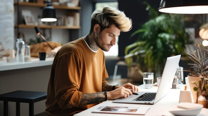 Fototapete - Smiling graphic designer working on computer at desk in office.