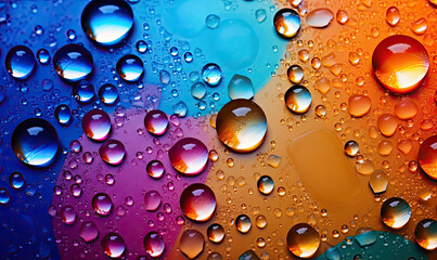 Wall Mural - Close-up multicolored drops of water on surface.