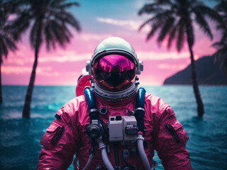 Wall Mural - astronaut on a float in the middle of the pool party 