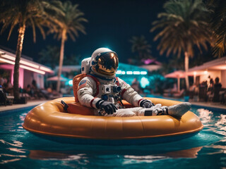 astronaut on a float in the middle of the pool party