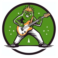 A kiwi fruit dressed as a rockstar playing guitar