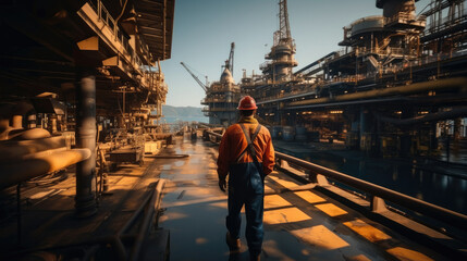 Poster - Engineer at work on offshore oil rig.