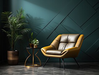 Wall Mural - single modern leather sofa chair in brown color with plant in pot can be use for copy space, mock up, quotes, wallpaper