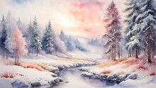 Winter Landscape With Snow-covered River And Pine Trees. Watercolor Painting.