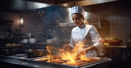 Wall Mural - Women chef working in kitchen, 5 star Michelin recipe.