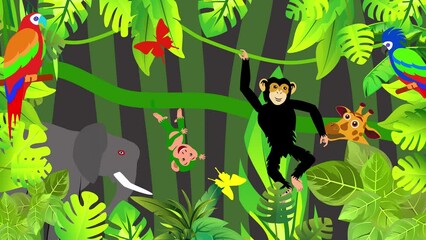 Wall Mural - Jungle scene animation monkey giraffe parrot cartoon