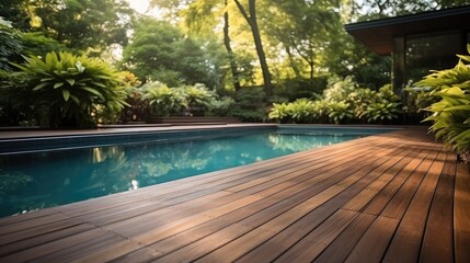 Wall Mural - swimming pool in garden, wooden floor swimming pool in backyard.