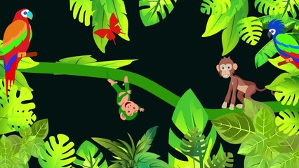 Wall Mural - Jungle scene animation monkey giraffe parrot cartoon
