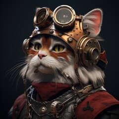 Wall Mural - Le portrait d'un chat, vue de profil, dans un style steampunk, sur un fond noir isolé.