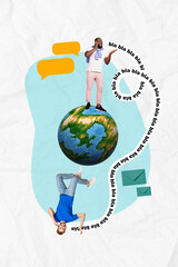 Poster - Vertical creative composite photo collage of funny people talking on smartphone from different countries isolated on colorful background