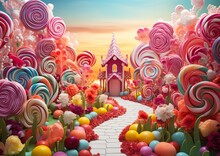 closeup candy land castle background fairy lollipops twirls entering mind maze wonderland promotional field flowers bakery princess landau breathtaking fantasia
