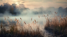 Beautiful Serene Nature Scene With River Reeds Fog And Water