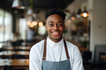 Portrait of a young waiter posing in the restaurant