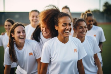 Wall Mural - Portrait of a young female soccer team posing on a soccer field