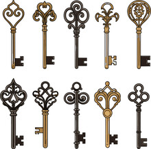 A Set Of Antique Keys. Vector Illustration In A Flat Style